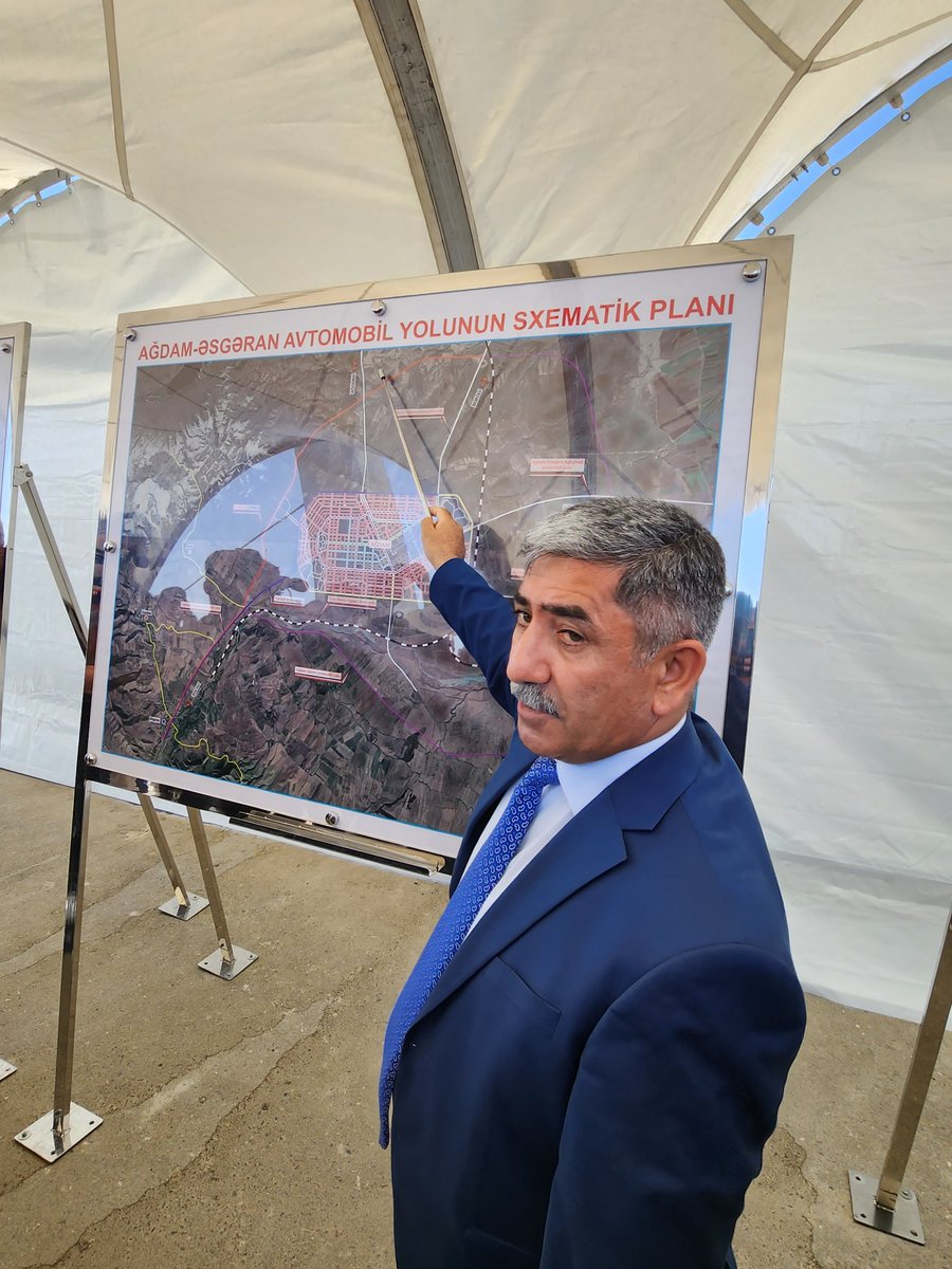 HikmetHajiyev's tweet photo. With diplomatic corps we are on the entrance of Agdam-Khankandi highway and railway. Only highway's daily capacity is 17.000 vehicles. Azerbaijan is building roads not walls for reintegration of armenian residents of Karabakh but they put road blocks and barriers. https://t.co/P3v3J59Fxv