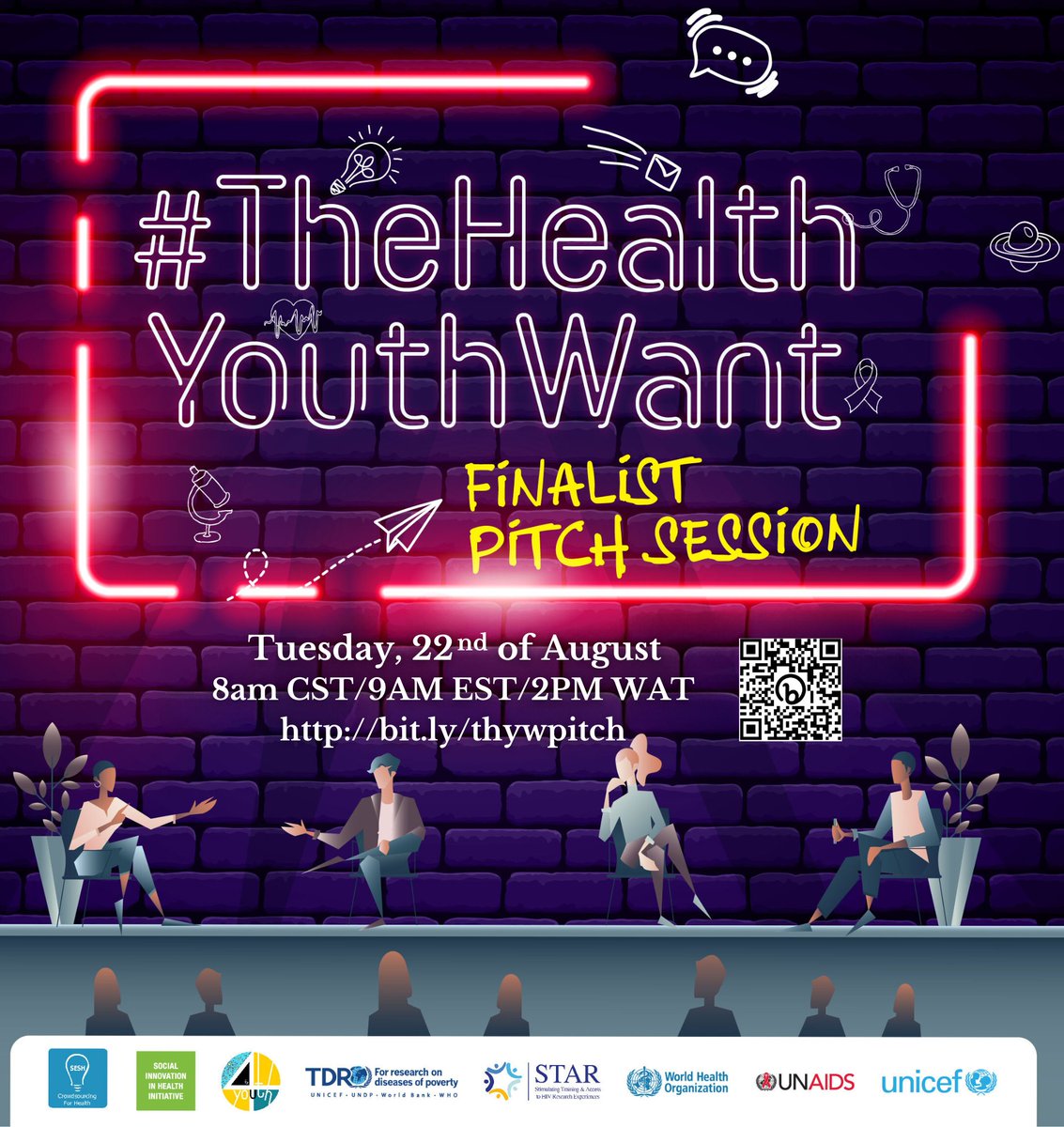 #TheHealthYouthWant Finalists Pitch Session Join young health innovators from all over the world, as they discuss their vision for the future of health. Date: 22nd August 2023 Time: 8 am CST/2 pm WAT Venue: bit.ly/thywpitch @UNICEF @unicef_aids @UNAIDS @WHO @4YouthBYouth