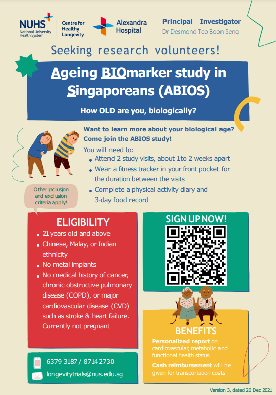 LongevitySG's tweet photo. Calling all Malay & Indian participants to join ABIOS, our Ageing Biomarker Study in Singaporeans using blood, saliva & stool. Donate your time to enhance Singapore's public health for an ageing society. #BeTheChange #ABIOS #ResearchRevolution
Register: https://t.co/OCRxLc5yY7 https://t.co/nzR7mCKvfA