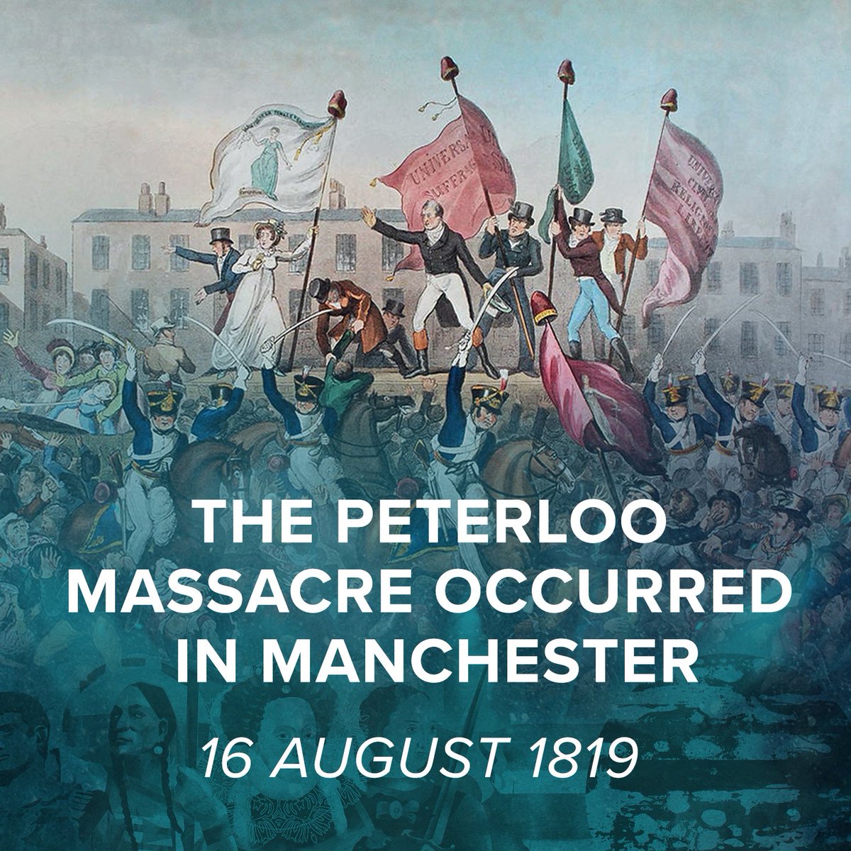 On 16 August 1819, the Peterloo Massacre took place in Manchester, resulting in the deaths of an estimated 18 & the serious injury of over 600. Thousands had gathered to peacefully protest the British system of representation & were attacked by troops ordered to disperse them.