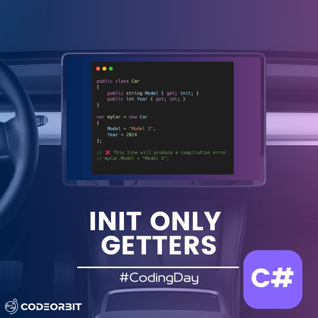 CodeOrbitAT's tweet image. C# Init Only Getters! 🔒 Take advantage of Init-Only Getters in C# 9 to allow property access only during initialization. More control, less error-prone code! #CSharp9 #InitOnlyGetters #CodeOrbit #CodingDay #dotnet