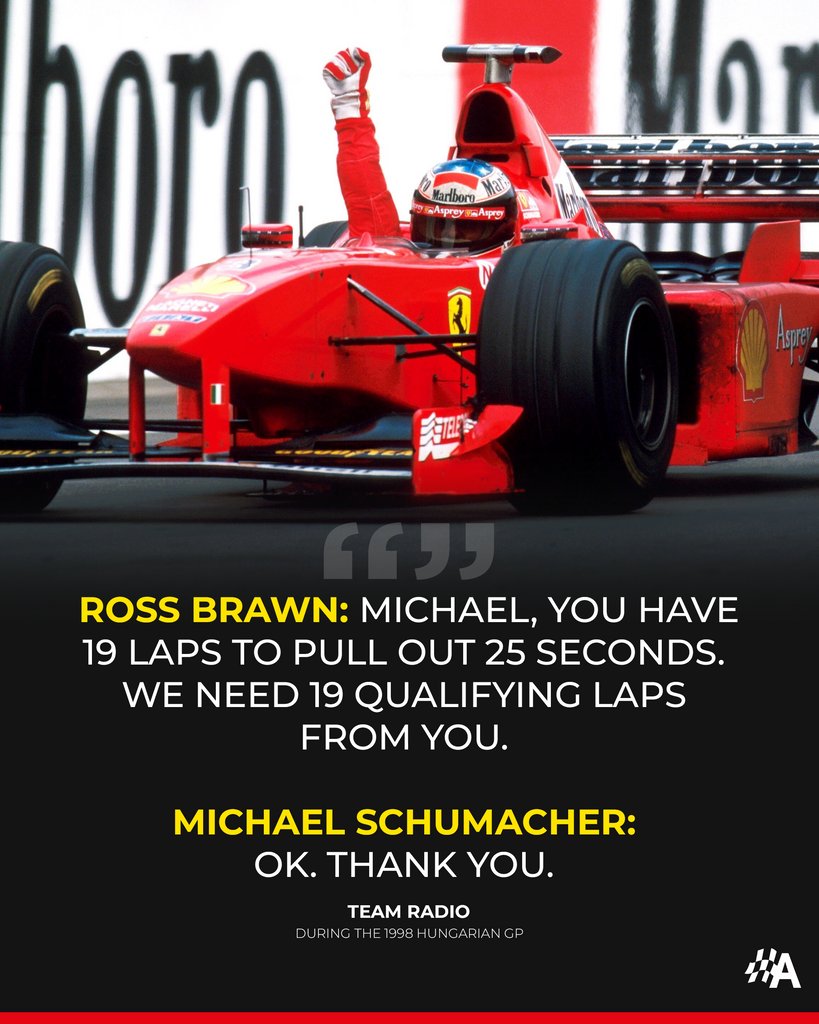 autosport's tweet photo. #OnThisDay in 1998, Michael Schumacher put in one of the most barnstorming sequence of race laps F1 has ever seen 🤯

He had 19 laps to pull out 25 seconds on the dominant McLarens if he was to make a three-stop strategy work. He did.

Was it Schumi's best ever drive? 🤔 https://t.co/URpe57XZPP