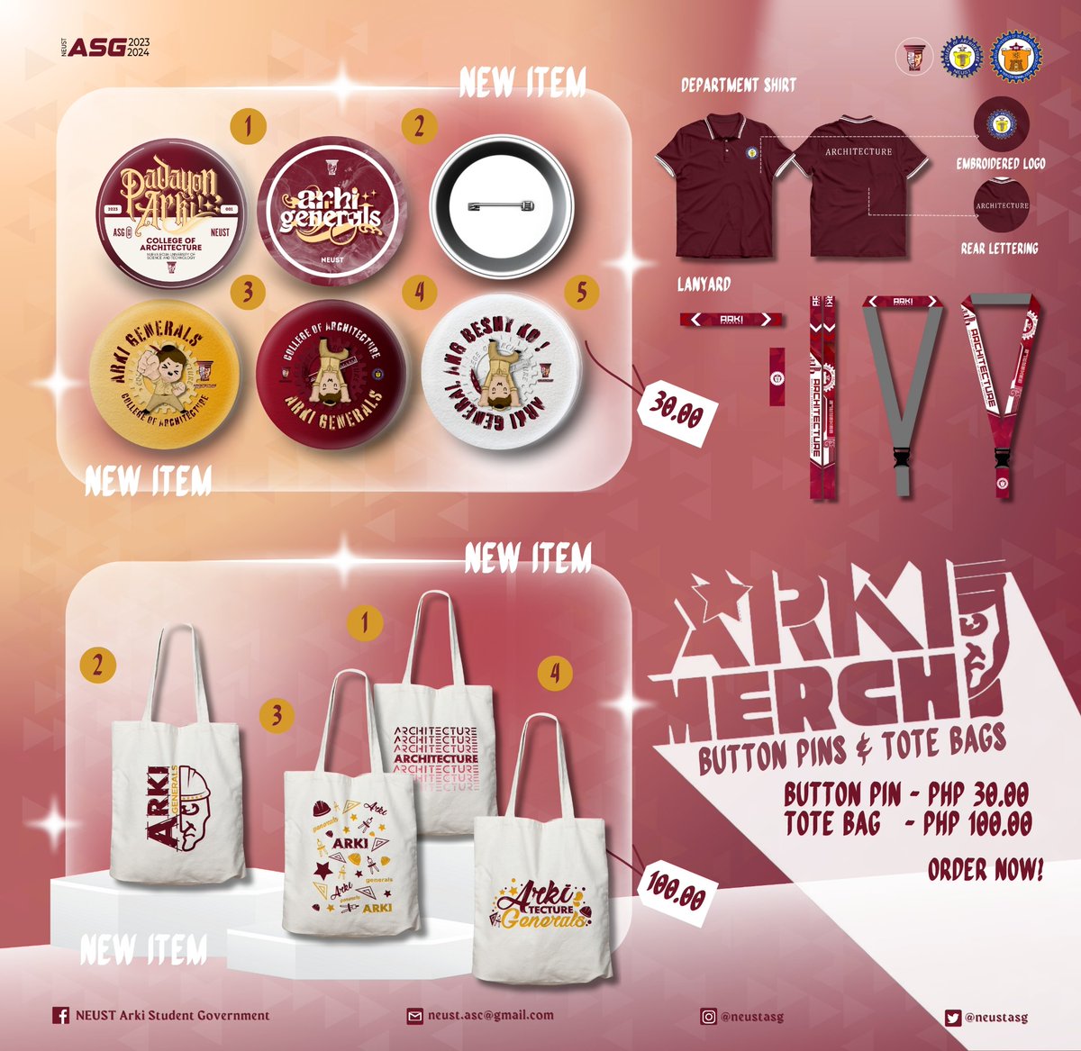 neustasc's tweet photo. Attention, Arki Generals! 

Carry your passion, wear your pride, and pin your dreams with different goods of our own. The College of Architecture Merchandise is now available for purchase!   

𝗟𝗶𝗻𝗸:
https://t.co/YyZbycx8QT

🎨 Hideoo
🖋️ Baudelaire, Ren https://t.co/TWjWz25QOe