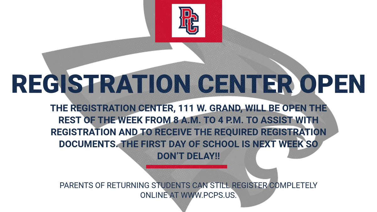 The Registration Center, 111 W. Grand, will be open the rest of the week from 8 a.m. to 4 p.m. to assist with registration and to receive the required registration documents. A reminder that we CANNOT place your student in an elementary school until we receive proof of address.