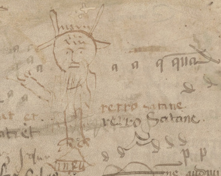 frostillicus3's tweet photo. cute little demon from a page full of pen trials, along with some formulae to exorcise him (Porto, Biblioteca Publica Municipal MS 46, s. xiv med) https://t.co/RbJMBx4Yk1