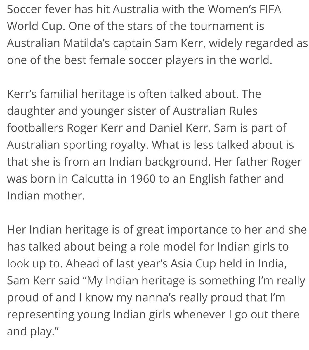 I sometimes joke that desis are everywhere. Then something demonstrates that desis *are* everywhere. Thanks to @AIinstitute @Lisa_Singh, I learnt this factoid about #Matildas Sam Kerr: 'Her father Roger was born in Calcutta in 1960 to an English father and Indian mother.'