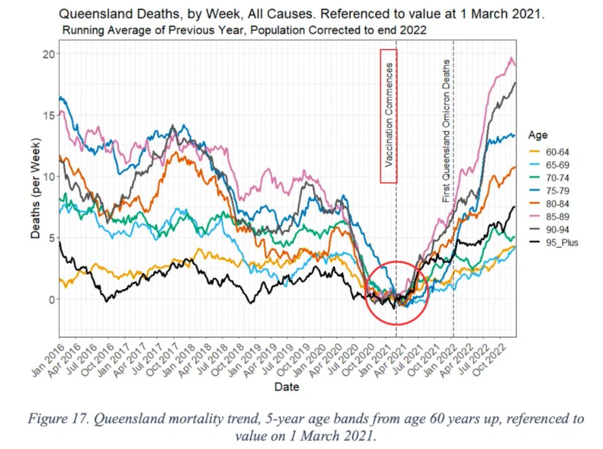 P_McCulloughMD's tweet photo. Queensland mortality data pinpoints the uptick in deaths during the primary series rollout, and before borders opened and the wave of initial C19 in the community.  C19vax mortality effect demonstrated. @dystopian_DU @TGAgovau @CKellyUAP  https://t.co/YJZZ3Q3CsY https://t.co/GtobbhVXbZ