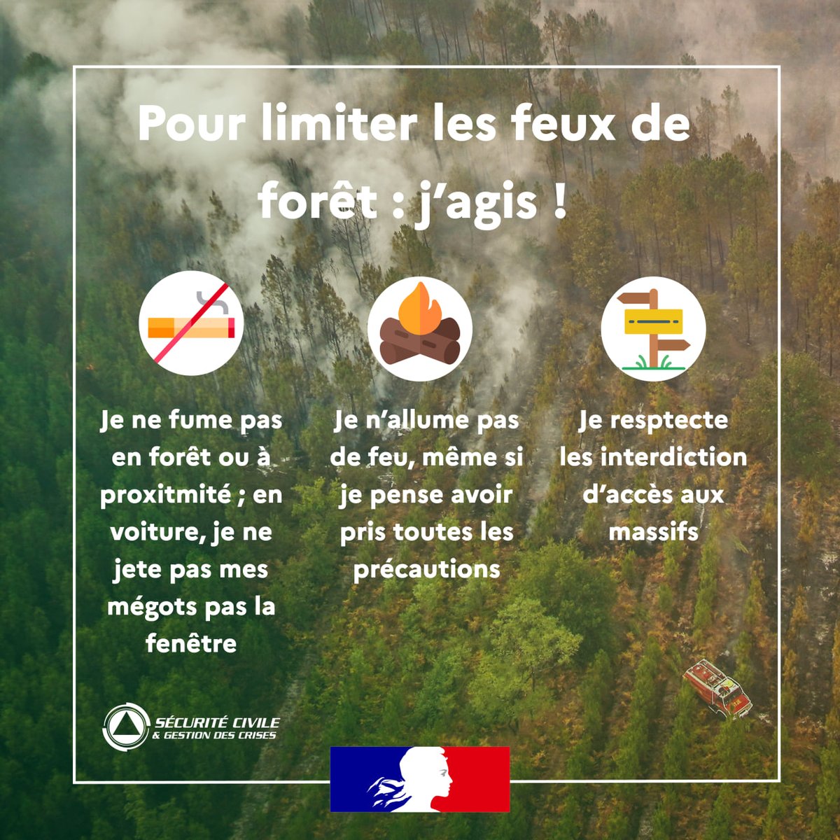 SecCivileFrance's tweet photo. 🔥🌳 Face au risque de #FeuDeForêt, je reste vigilant !
🥾 Je m'informe sur les interdictions d'accès des massifs.
🚬 J'éteins toujours mon mégot dans un cendrier.
☎️ Je contacte immédiatement les sapeurs-pompiers au 18/112 en cas de départ de feu.
Soyons prudents ! https://t.co/N8rzSWlINu