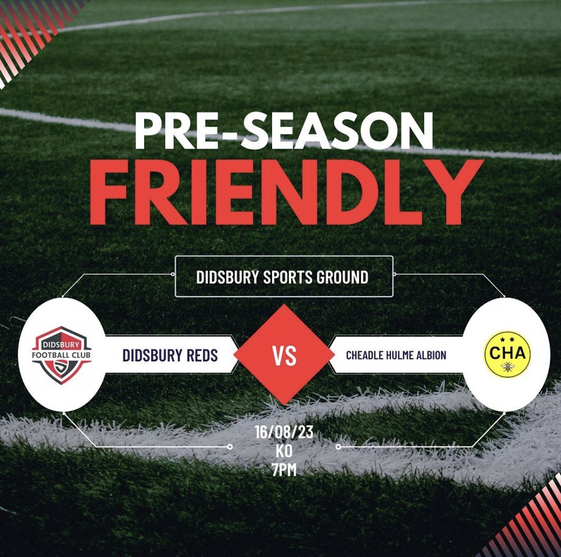 Tonight we welcome <a href="/CHAlbion/">Cheadle Hulme Albion Vets F.C</a> to Didsbury Sports Ground. 

Hoping to build on Sundays pre season victory. 

Straight to the clubhouse for the Super Cup and pints after the game