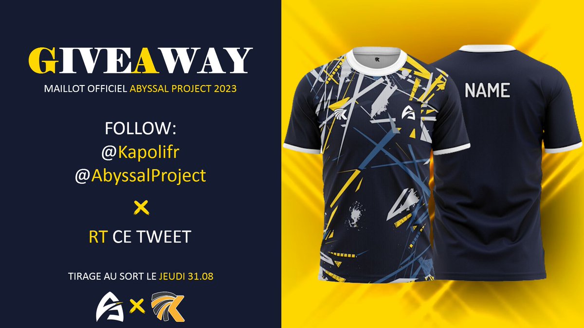 🎁#Giveaway

Nous offrirons à l'un des participants un maillot officiel 2023 de la Abyssal Project 
🛒urlz.fr/newF / <a href="/URLzFR/">URLz.fr</a>
💵valeur 28€

Conditions⚠️
1⃣ Suivre <a href="/Kapolifr/">Kapoli.fr</a> 
2⃣ Suivre <a href="/AbyssalProject/">Abyssal Project</a> 
3⃣ #RT ce tweet

Tirage au sort le 31.08📆
Bonne chance à tous🍀