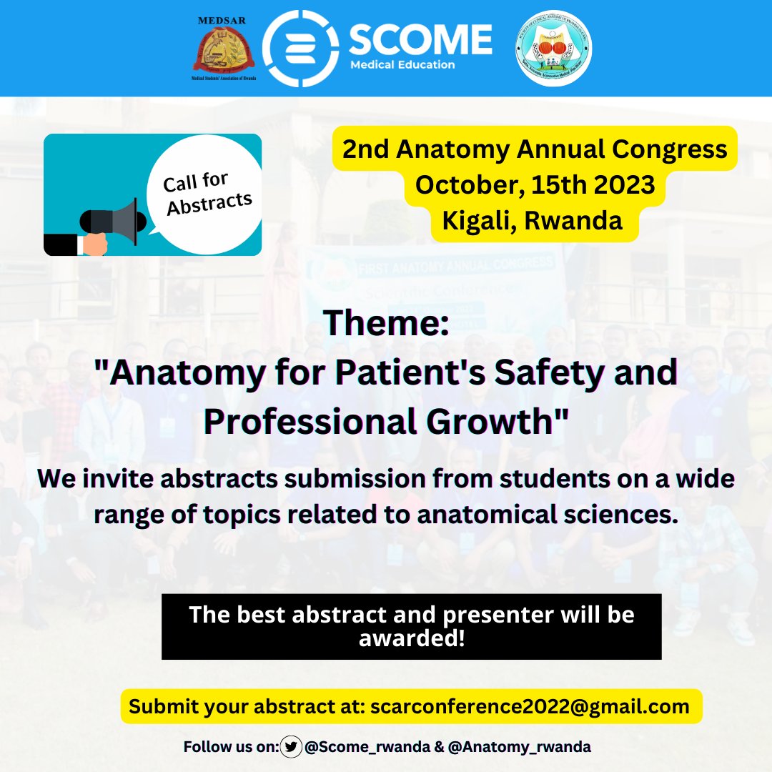 📢🚨 CALL FOR ABSTRACTS
We invite abstracts submission from Medical Students on a wide range of topics related to anatomical sciences.

Have details about the abstracts here: bit.ly/3OXsMkr

#2ndAnatomyAnnualCongress