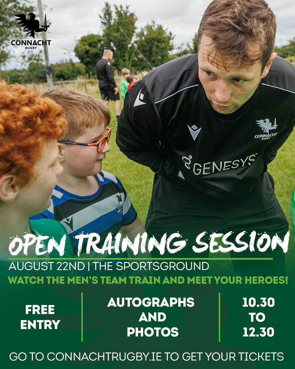 𝙔𝙤𝙪'𝙧𝙚 𝙄𝙣𝙫𝙞𝙩𝙚𝙙! Our pro team would like to invite you to an open training session next week at The Sportsground 😀 🗓️ Tuesday 22nd August 🏉 10:30am 📸✍️ 12:00pm Tickets are free but must be booked in advance here: connachtrugby.ie/news/open-trai… See you there!