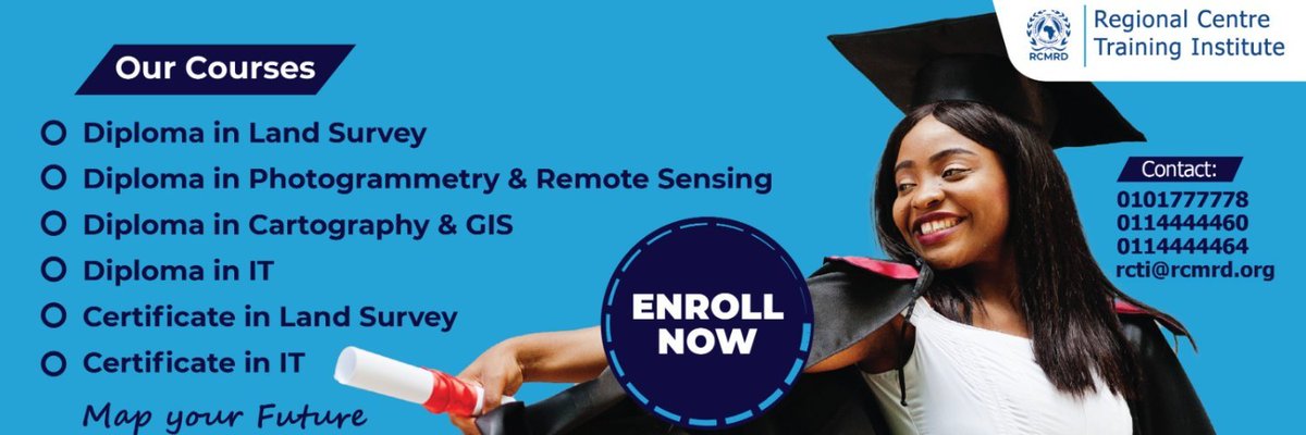 TheRCTI_RCMRD's tweet photo. We provide relevant programmes and train using the latest #Geospatial and #IT🖥️ technology to meet the dynamic requirements in the workforce and needs of our students.
📲Call us on 01010177777 to Register
#WhyRCTI @surveyor456 @pkamul @JohnKihanya6 @chogo_john @TheMapAddict https://t.co/yuS963bKx1