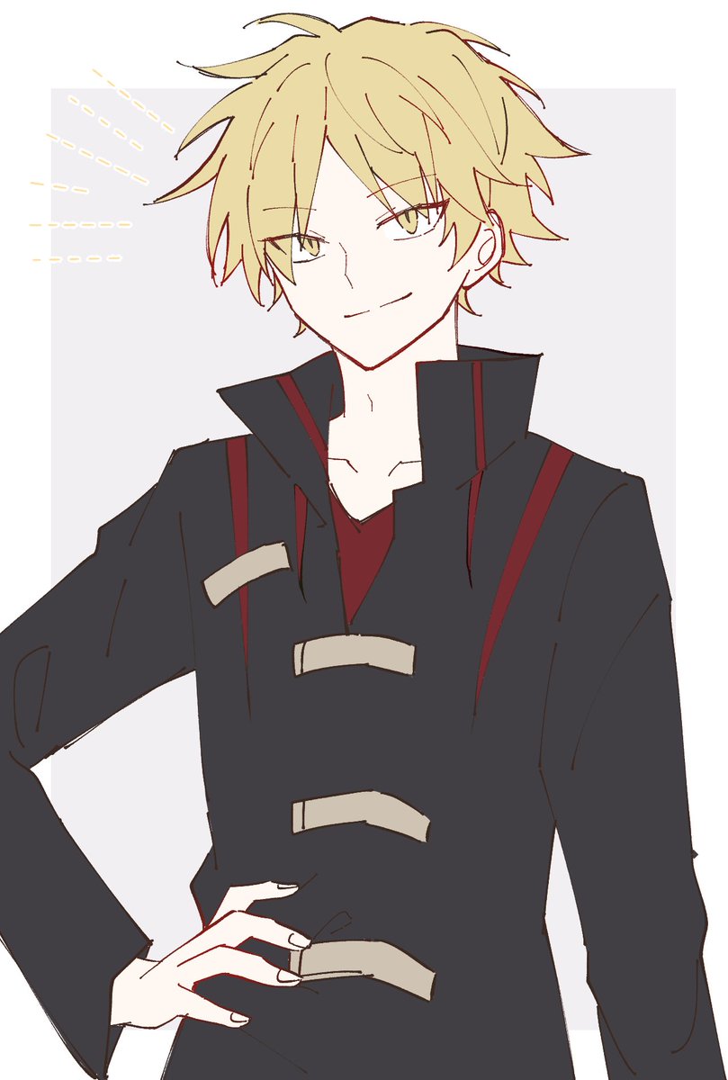 1boy male focus blonde hair solo yellow eyes hand on hip smile  illustration images