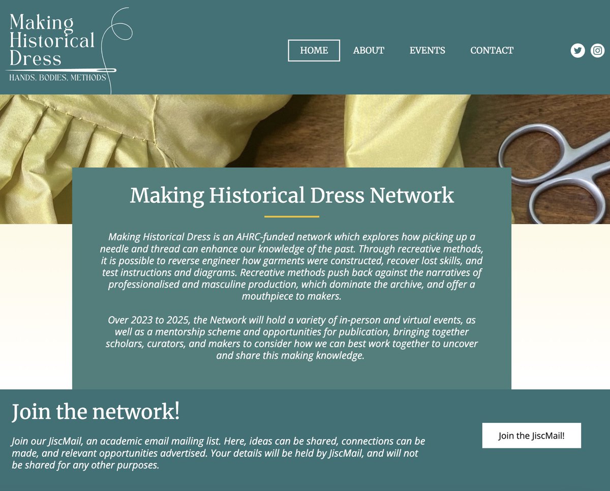 We are delighted to announce that our network website is now live! Here you can find out more about the network, sign up to the mailing list, view the workshop programmes, and register to watch the livestreams of the events! makinghistoricaldress.dmu.ac.uk