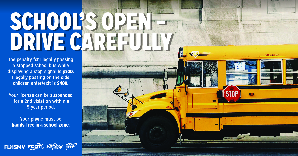 MyFDOT's tweet photo. It’s back-to-school season in Florida! Make sure to drive carefully through school zones and ensure you’re properly yielding for all stopped school buses displaying a “STOP” signal. Swipe to learn more about when you are required to yield for a stopped school bus. #BackToSchool https://t.co/GUEStz1fDa