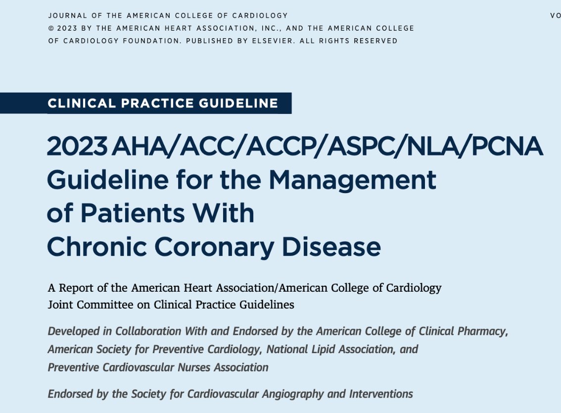 2023 AHA/ACC/ACCP/ASPC/NLA/PCNA Guideline for the Management of Patients With Chronic Coronary Disease: <a href="/JACCJournals/">JACC Journals</a>

Guidelines are detailed: reading them slowly. 

Please, read full doc!    

Thread #15: What is need/duration of beta blockers in coronary disease?    

🥸📷👇