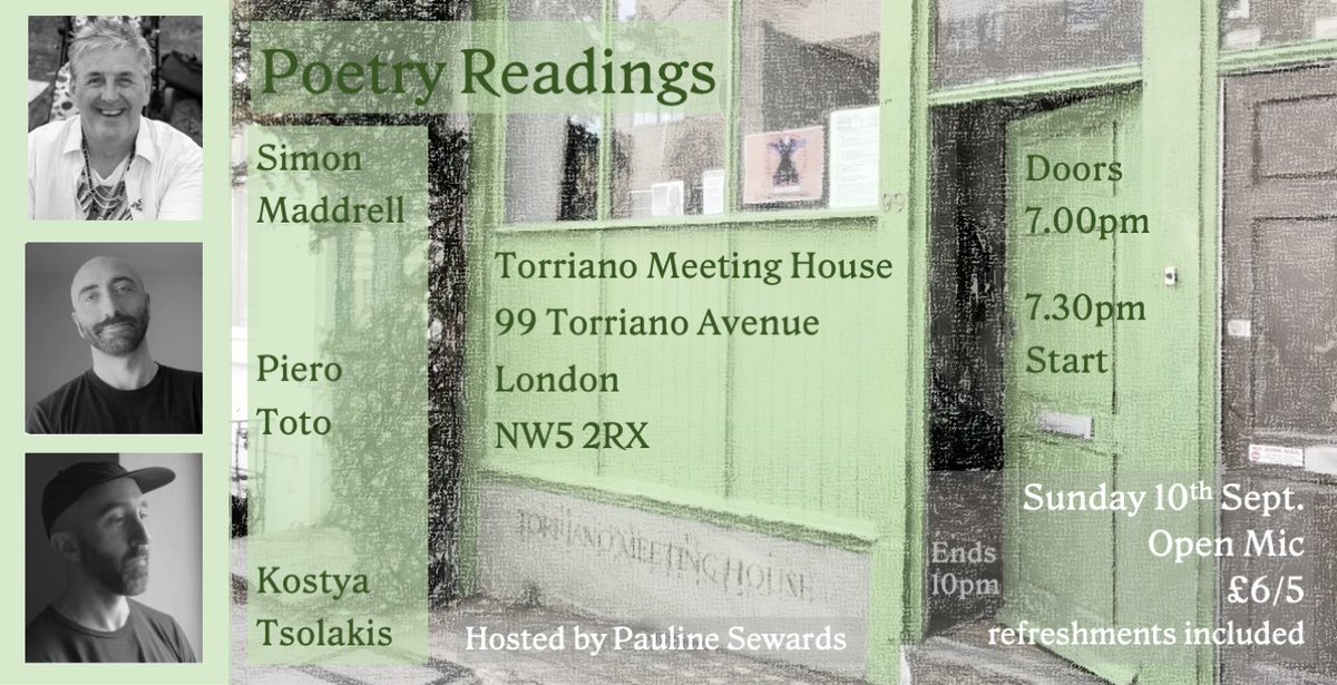 North London, can you handle this? @QueerManxPoet @pierototoUK & me: Sunday 10 September 🗓️ Torriano Meeting House, London 7pm for 7.30pm 🕖🕢 £5/£6 on the door 🎟️ Open mic 🎤 Refreshments included 🍷🥤