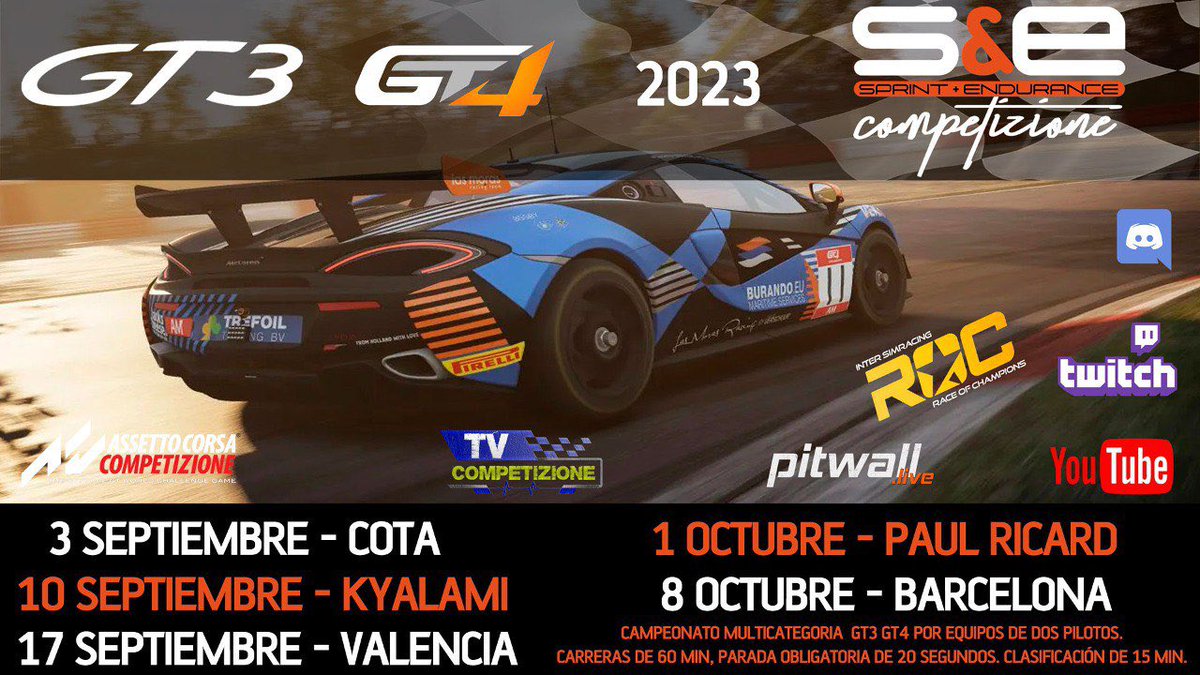 Os gustan los retos??

Campeonato Multicategoria Gt3 y Gt4 en @SyEcompetizione
Y será puntuable para clasificarse para el  #ROC
A qué esperas? Te lo vas a perder?

Las inscripciones ya están abiertas
• discord.gg/6AbKUKGt

#ISR | #simracing | #beACC
