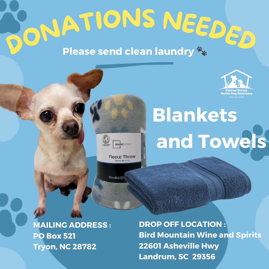 ForeverDreamSDS's tweet photo. Hi Friends! The senior pups are desperately needing towels and blankets!

You can also use this link for our amazon and Chewy wishlists. https://t.co/a2HBx3aiqr https://t.co/0ZDgSfb9RO