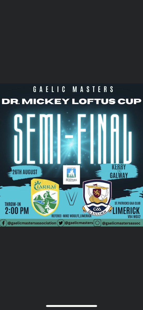 KerryMastersGaa's tweet photo. We Take on @MastersGalway At St.Patrick’s Gaa Club Limerick On The 26Aug at 2pm 💚💛🏐 https://t.co/h8xjPSdoaW