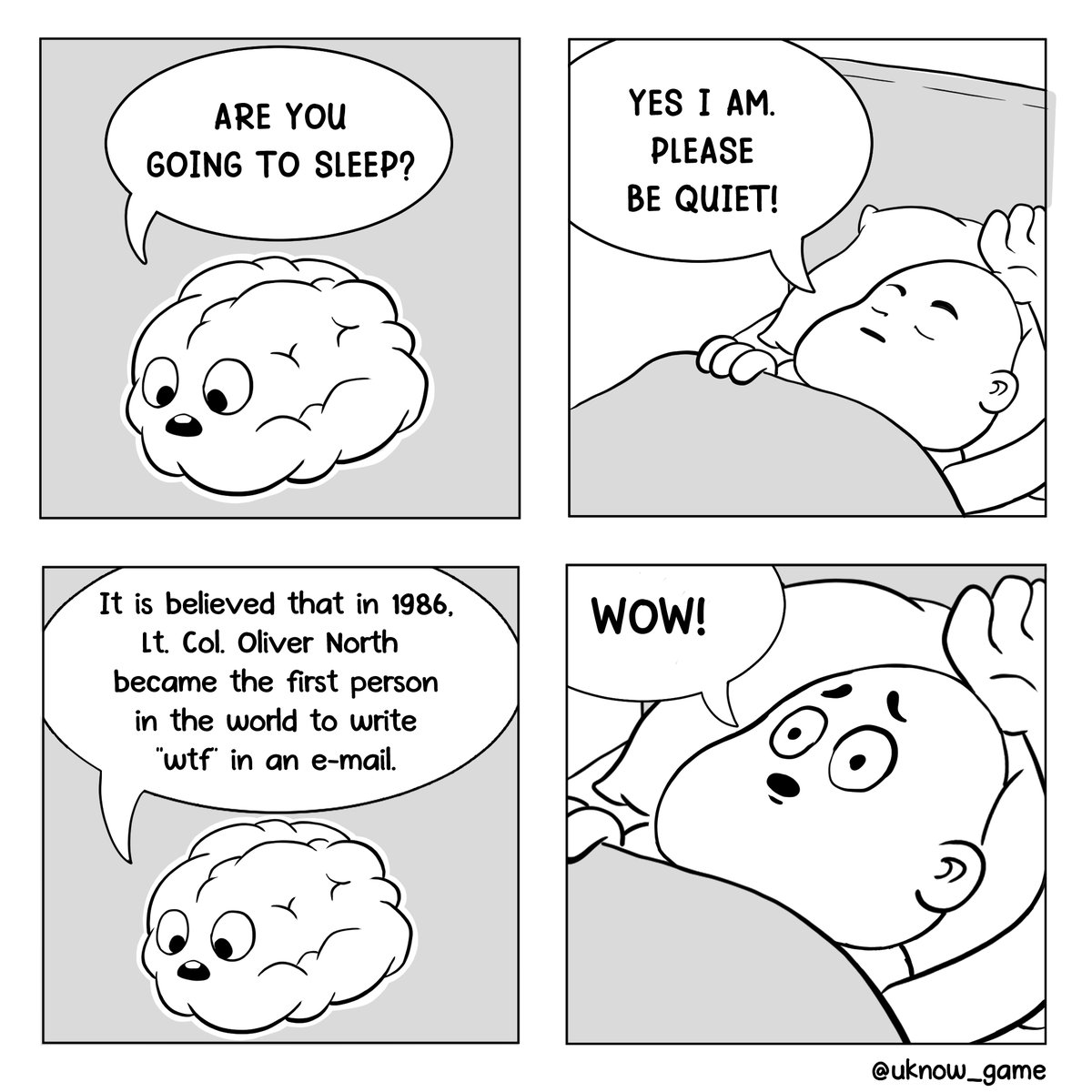 uknow_game's tweet photo. It is believed that in 1986, Lt. Col. Oliver North became the first person in the world to write “wtf” in an e-mail. #Comics #Trivia https://t.co/CL4nQiABhX
