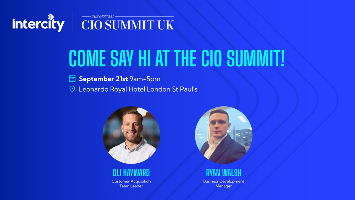 Intercity_UK's tweet image. Come say hi 👋
 
On the 21st of September, we&apos;ll be at the CIO Summit 2023. This year&apos;s theme is all about levelling up IT Leadership and offers you the opportunity to see how your peers are tackling the latest challenges in the UK IT industry.

#CIOSummit #Team Intercity