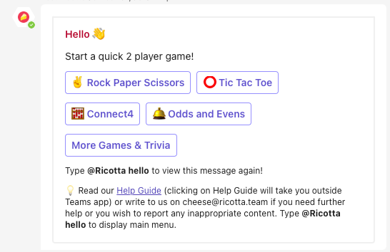 RicottaHQ's tweet photo. 🥁🥁🥁🥁🥁🥁🥁🥁🥁🥁

Guess what? The Ricotta bot on MS Teams just turned into your new game buddy! 🎮 

Dive into classic duels like Tic-Tac-Toe, Connect4, Rock Paper Scissors, and Odds &amp; Evens. Challenge your coworkers and let the games begin! 🎉👾🕹️

👉 https://t.co/EI0JrkSiLp https://t.co/S7SY0kHImr