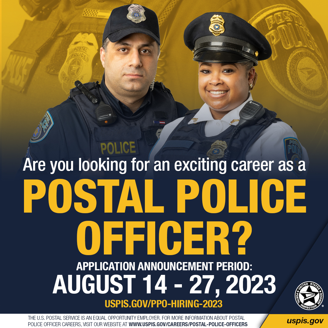WE'RE HIRING: We are now hiring Postal Police Officers for locations nationwide! Start an exciting career with the U.S. Postal Inspection Service. Apply now before the hiring portal closes on August 27! #USPIS #careers #ProudtoProtect 

To learn more about Postal Police Officers