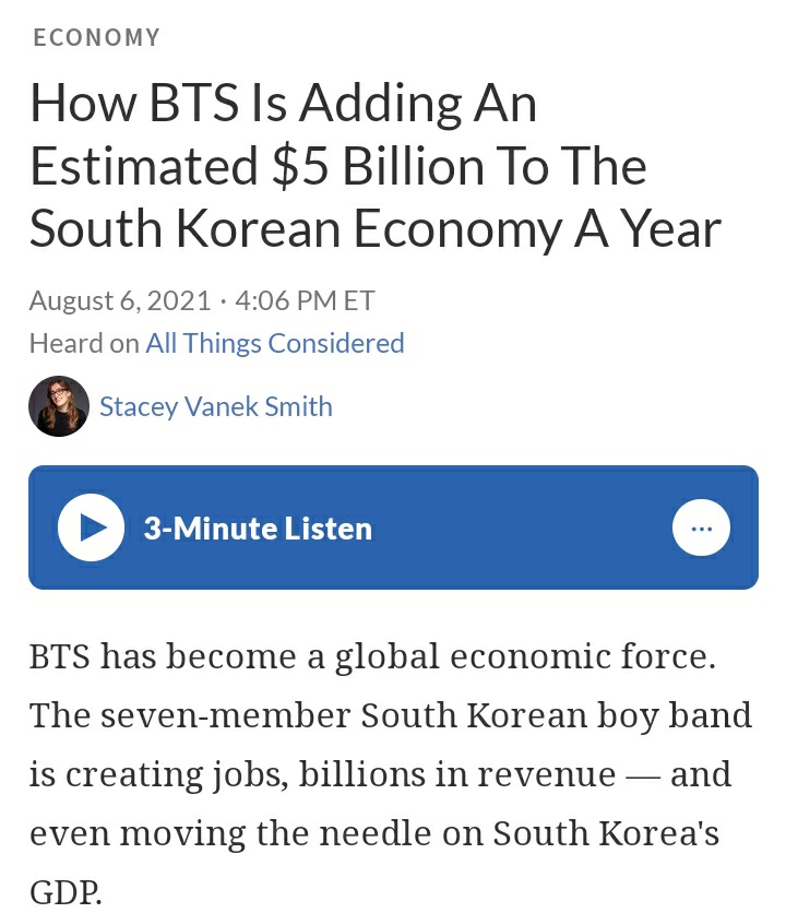 JoonieArkive's tweet photo. The IMPACT of BTS that altered my brain chemistry:

1) When BTS contribution to South Korea’s GDP is $5 billion per year - more than SK's nat'l airline Korean Air

BTS’ 10 year economic impact is expected to reach $50 billion - higher than the PyeongChang 2018 Winter Olympics https://t.co/Eg8prlop3m