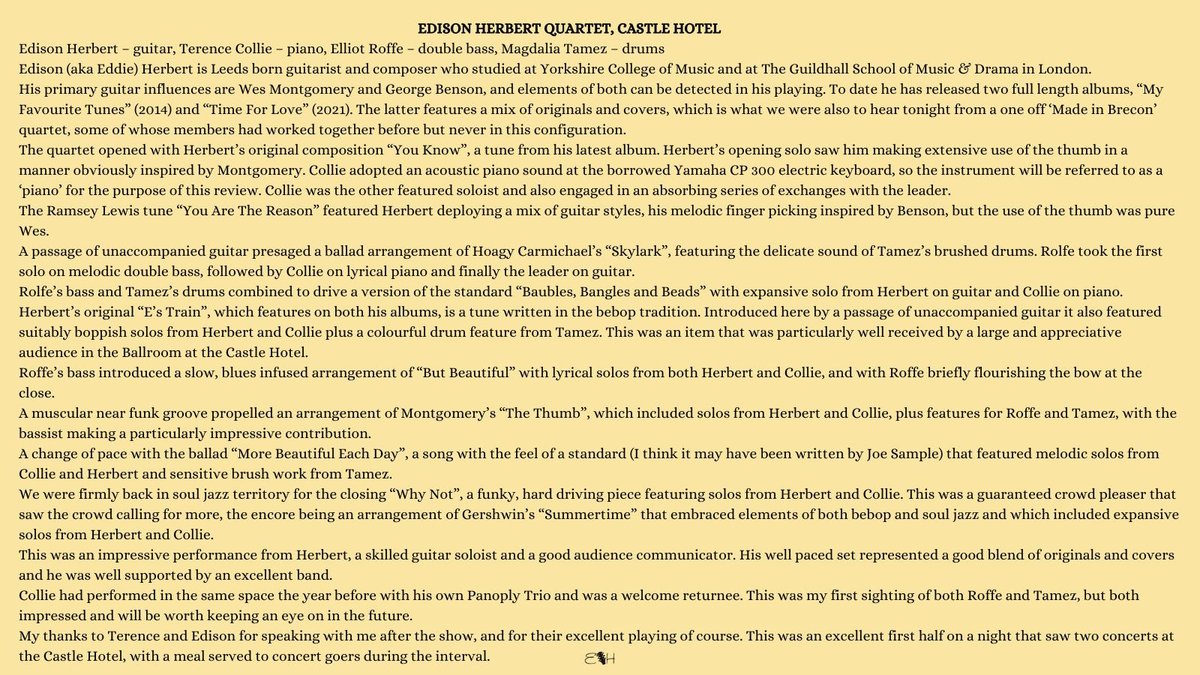 EHerbmusic's tweet photo. Thank you, Ian Mann, for taking the time to share your thoughts and celebrate our quartet's performance at the Brecon Jazz Festival. https://t.co/aCeprzC5xj
#BreconJazzFestival #QuartetVibes #MusicalGratitude #JazzEnthusiasts #IanMannReview #ArtisticInspiration #KeepJazzAlive https://t.co/IM4JdNX6zE