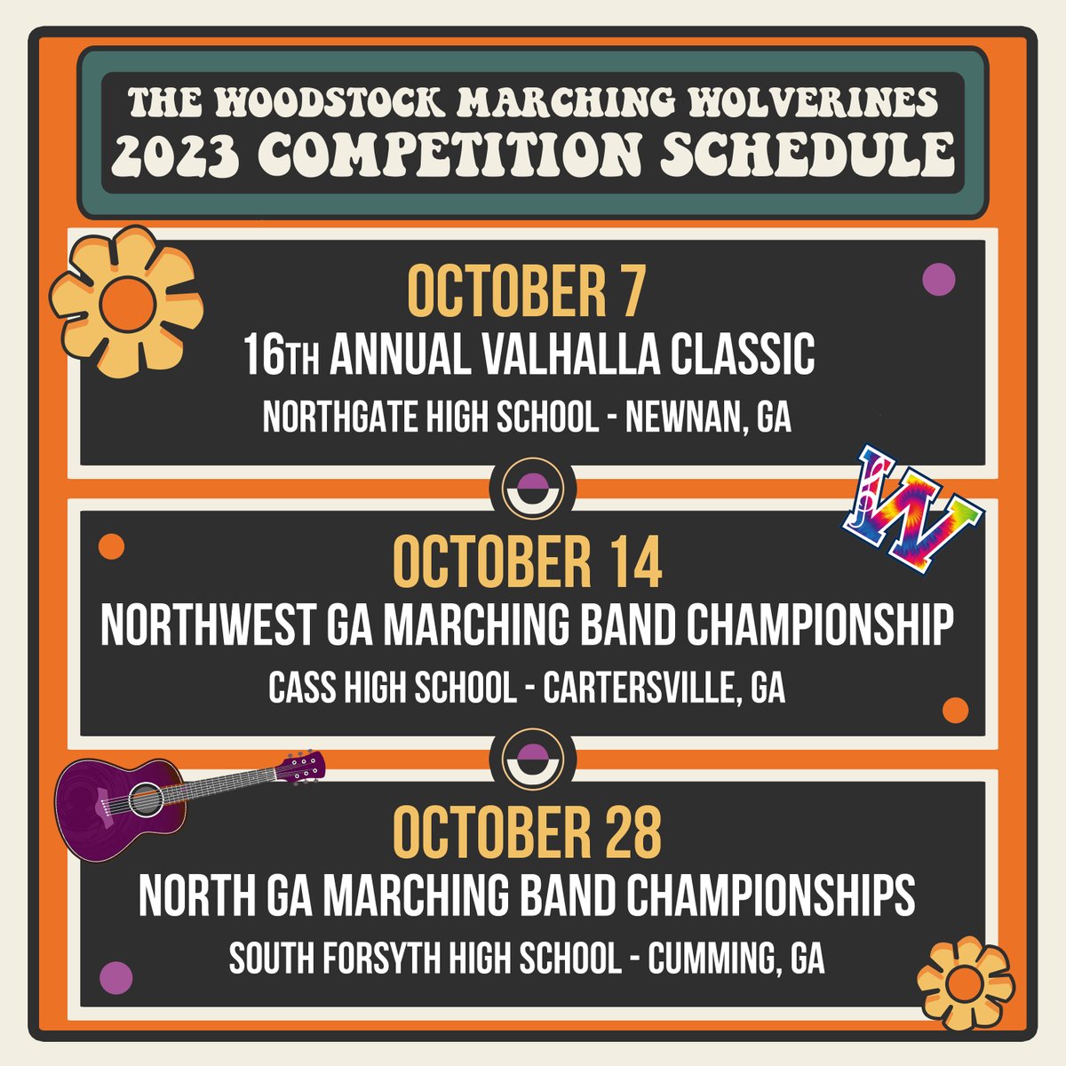 TheBandatWHS's tweet photo. We're excited to announce our 2023 competition schedule. Please make plans to join us. We want lots of Woodstock fans in the stands! https://t.co/7f5YclzYNL