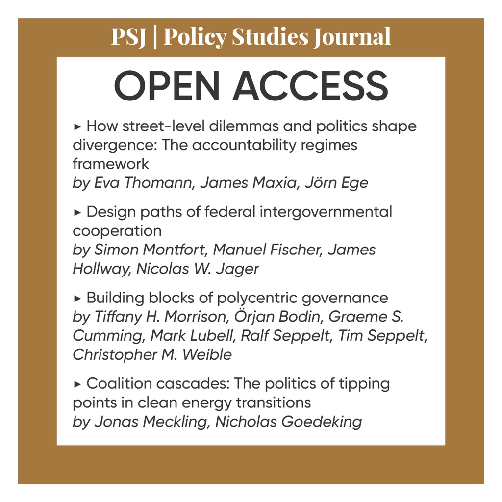 PSJ_Editor's tweet photo. OPEN ACCESS ARTICLES – PART I
Here is a list of OPEN ACCESS PSJ articles!
Click the link below for access!
https://t.co/Yx1OaoluuI
#PSJ #PolicyStudiesJournal #PSJ_OpenAccess https://t.co/WLMGeue6Sh