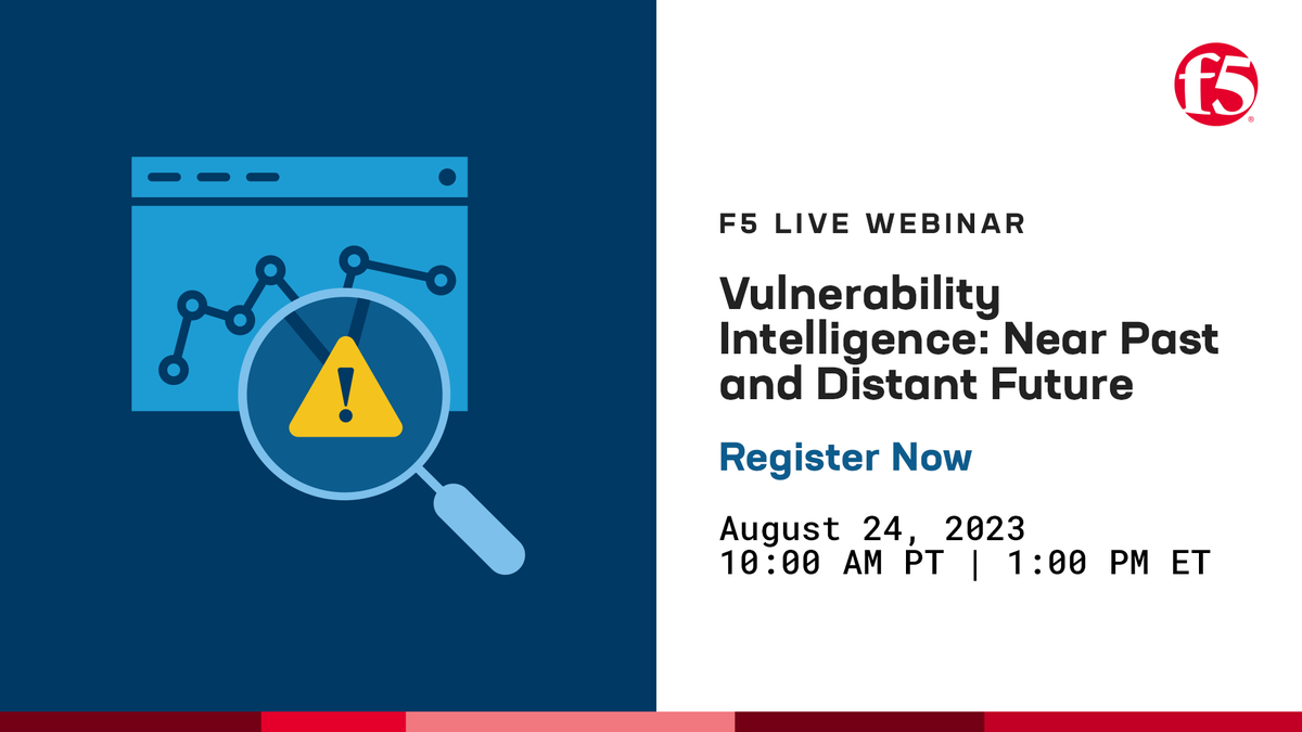 F5's tweet photo. Want to learn more about the vulnerabilities #cybercriminals are targeting in 2023? Join F5 Labs threat researcher Sander Vindberg for the latest vulnerability intelligence: https://t.co/9ESSQzNJgl https://t.co/hU3W8b43gx