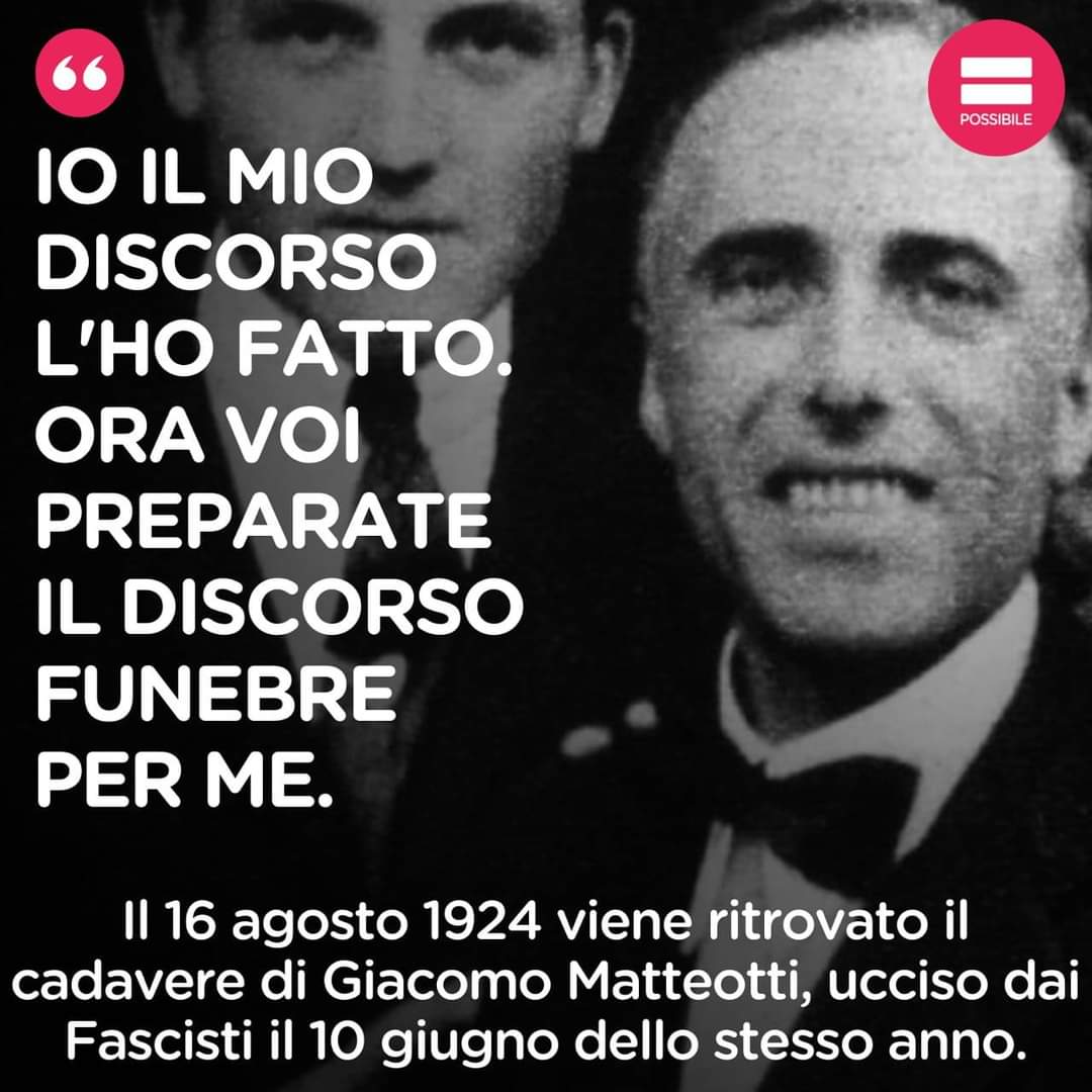 Il #16agosto di 99 anni fa viene ritrovato a Roma il corpo di #GiacomoMatteotti, ucciso dai Fascisti due mesi prima per la sua durissima e coraggiosa opposizione parlamentare al regime di Mussolini.

Antifasciste e antifascisti, sempre.