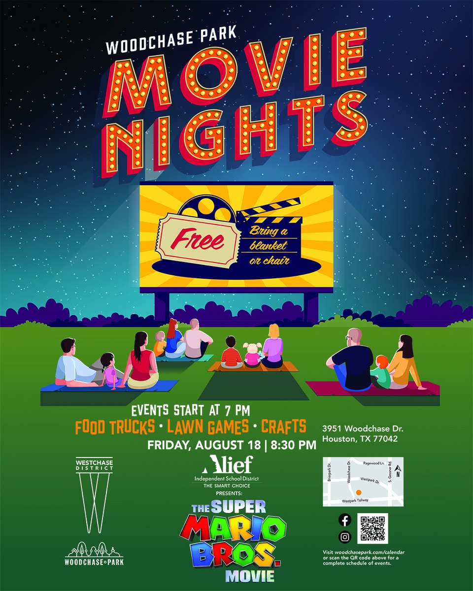 Enjoy "The Super Mario Bros. Movie" on the lawn at Woodchase Park THIS FRIDAY, August 18, 2023! Alief ISD will present Woodchase Park with free popcorn, food trucks, and more. Events start at 7 p.m. The movie begins at 8:30 p.m. See you there!
