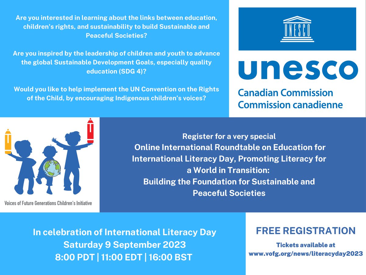 VOFGChildren's tweet photo. Register now- Online International Roundtable on Education for International Literacy Day. 
We will host a special award ceremony for the Child Author's competition from North America.
Free registration: https://t.co/vlppJhJr9G
@CCUNESCO #SDG4 https://t.co/9mhyrkXIPG