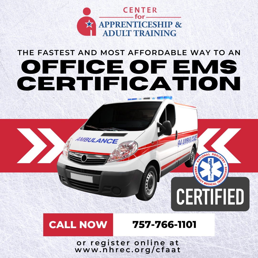 NHREC_CFAAT's tweet photo. Looking for an accelerated, affordable way toward your EMS certification? Enroll at New Horizons Center for Apprenticeship &amp; Adult Training today! To learn more visit https://t.co/GKFWf6CZ4h or call us at 757-766-1101 today. https://t.co/w4E998nIt8