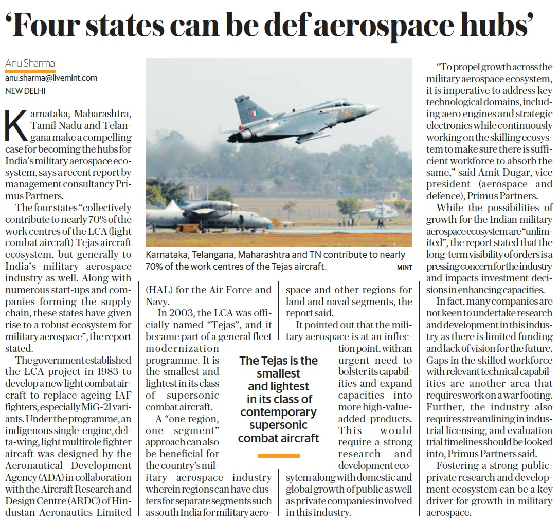 #Telangana, #Karnataka, #Maharashtra &amp; #TamilNadu hold the potential to become India’s #military #aerospace ecosystem's hub reveals our latest report titled 'Military Aerospace in India– thrusting for the afterburner' 

Read more on <a href="/livemint/">Mint</a>:
livemint.com/news/india/kar…