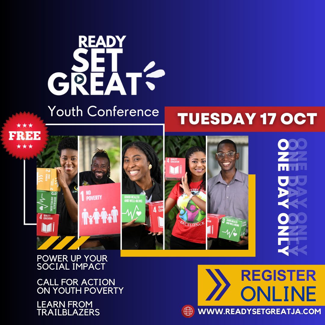#ReadySetGreat 2023! The youth conference where
✅trailblazers shine
✅social entrepreneurs empowered
✅you learn to take better care of you to serve better w/o burnout.
✅youth issue a call to action on youth poverty

🎟️Get FREE TICKETS: readysetgreatja.com