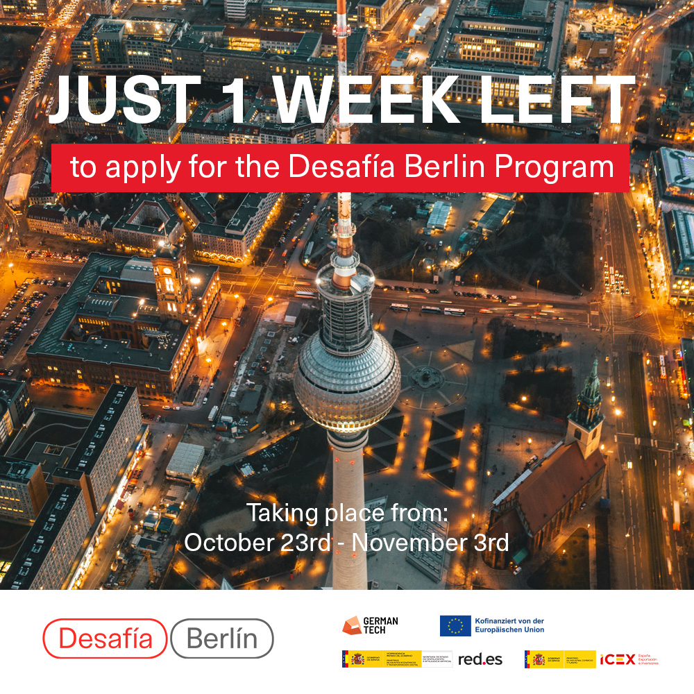 🚨 Just 1 Week Left! #DESAFIABERLIN 🇩🇪 Time is flying by, but there's still a chance to seize the unique opportunity that Desafía Berlin offers! ⏳ If you're a Spanish startup in the automotive and mobility sector apply today! berlin.desafia.gob.es