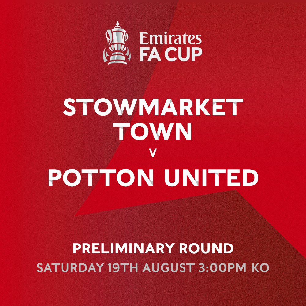 Stowmarket Town FC (@stowtownfc) on Twitter photo ๐ The magic of the Emirates FA Cup returns this weekend in the Preliminary Round. This Saturday, 19th August, with kick-off at 3:00pm, Stowmarket Town takes on Potton United.
๐๐ค
<a href="/EmiratesFACup/">Emirates FA Cup</a>
<a href="/PottonUnited/">POTTON UNITED FC</a> ๐ The magic of the Emirates FA Cup returns this weekend in the Preliminary Round. This Saturday, 19th August, with kick-off at 3:00pm, Stowmarket Town takes on Potton United.
๐๐ค
<a href="/EmiratesFACup/">Emirates FA Cup</a>
<a href="/PottonUnited/">POTTON UNITED FC</a>