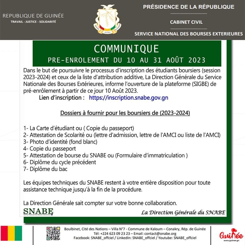 etudiantguineen's tweet photo. #COMMUNIQUE #Snabe

Afin de continuer le processus d'inscription des étudiants bénéficiaires de bourses (session 2023-2024) ainsi que ceux de la liste d'attribution complémentaire, la Direction Générale du SNABE  annonce l'ouverture de pré-enrôlement, du 10 au 31 août 2023. https://t.co/F5Ak6k2ILr