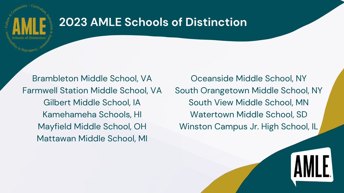 AMLE's tweet image. CONGRATULATIONS to our 2023 AMLE Schools of Distinction!

After a rigorous evaluation, each school demonstrated ongoing implementation of middle grades best practice. We look forward to celebrating each school communities at #AMLE50! Explore the SODs 👉 okt.to/PoKpGA