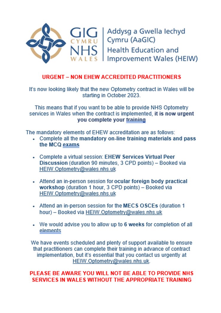 OptometryWales's tweet image. Are you a non EHEW accredited practitioner? Check out this information HEIW has provided
