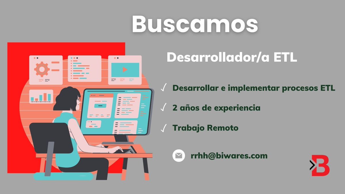BiwaresOk's tweet photo. 📌Biwares busca incorporar:
➡️Desarrollador/a ETL
🏠 #remoto 100%
📧rrhh@biwares.com
🌐#argentina
👉🏽 https://t.co/6MN7mF4pvB
#rrhh #trabajoar #etldeveloper #etl #hiring #homeoffice https://t.co/nSLFWWUkRK