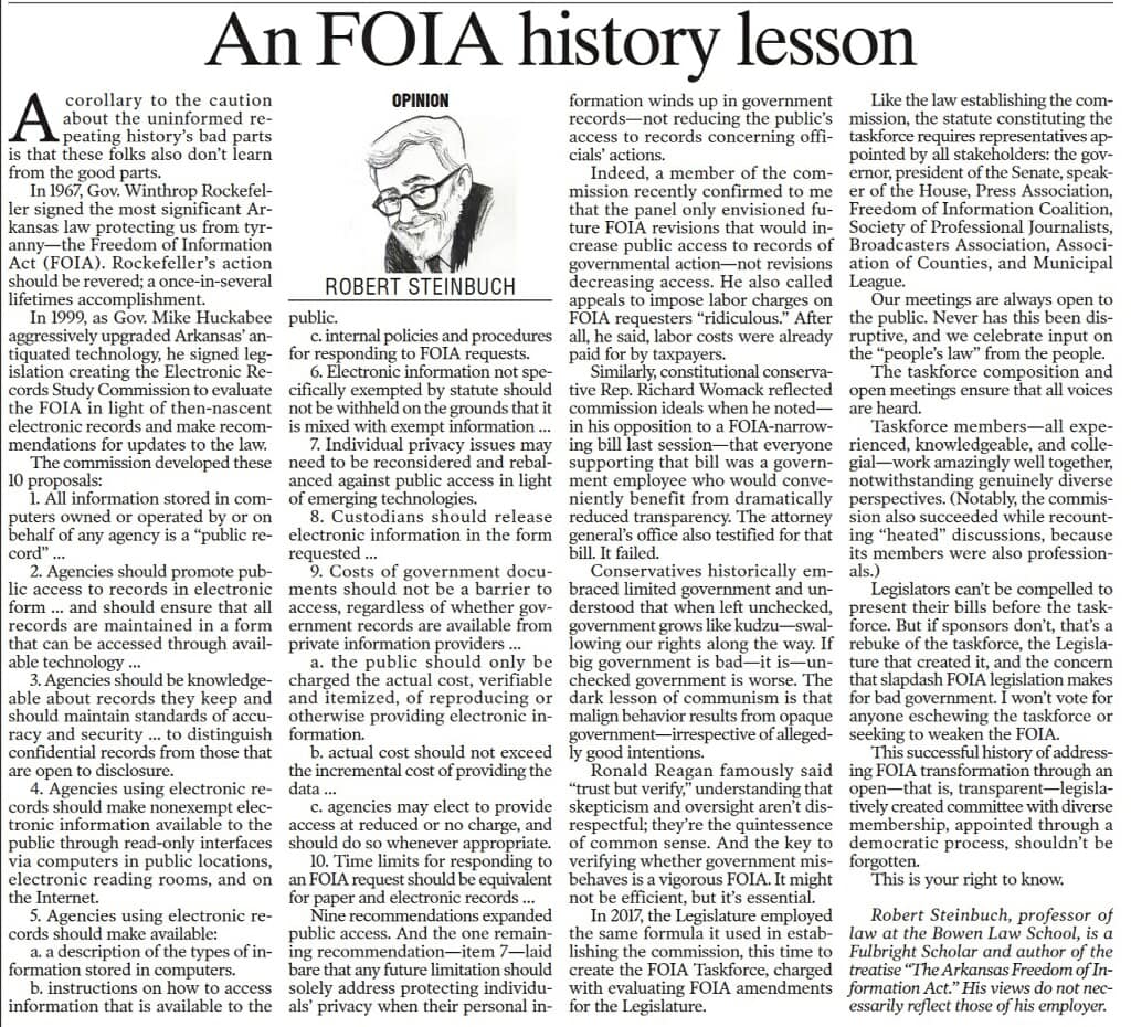 Guest Speaker: Lawyer, Professor, Conservative Democrat Gazette Writer, Robert Steinbuch will speak on the importance of FOIA laws and how they are a crucial piece to Government transparency.

⚠️ MEETING TIME tomorrow at 6:00 PM. We shall see you there ⚠️Address: 🏢 1201 W 6th St