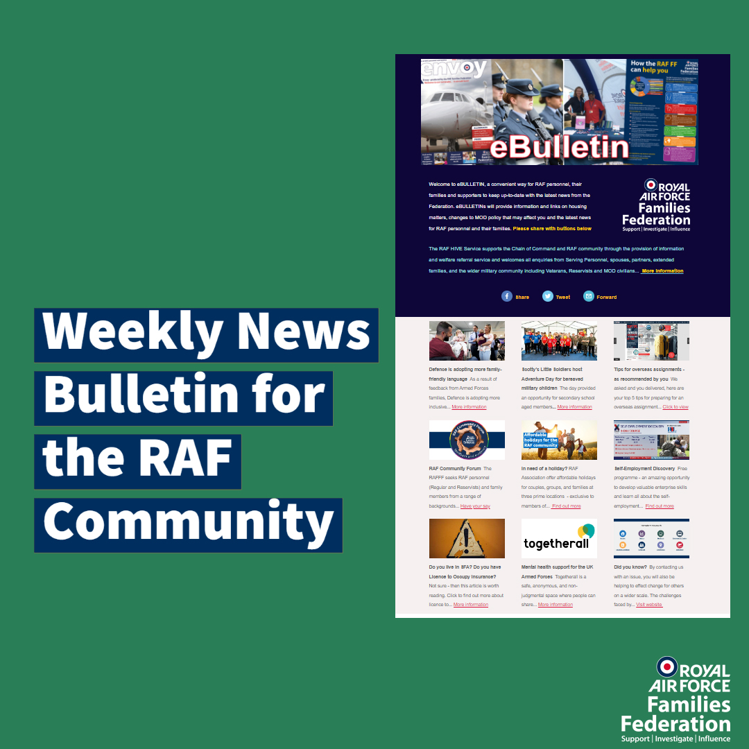 RAF_FF's tweet photo. OUT NOW: The RAFFF eBulletin includes Defence is adopting more family-friendly language, Tips for overseas assignments, Self-Employment Discovery and more
Read it here: https://t.co/pbaqeZPXmz
Subscribe here: https://t.co/PMwy1eXEZb
#RAFCommunity #News https://t.co/fNghH0EPQo