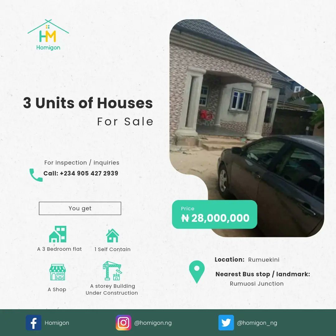 Homigon_ng's tweet photo. 3 UNIT OF HOUSES FOR SALE 
You get: 
✅1 3-bedroom flat 
✅1 self-contain
✅ 1 Shop
✅ A storey building under construction.
Land Size;  One plot 
Location; Rumuekini
Title; D of C
📌Price; 28M https://t.co/ydzjtfvAsd