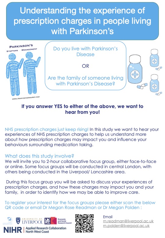 PARTICIPANTS NEEDED!   

We're recruiting people living with Parkinson's and   carers of people with Parkinson's to join a focus group and share their thoughts on prescription charge policies. If you would like to take part please follow the below link or scan the QR code!